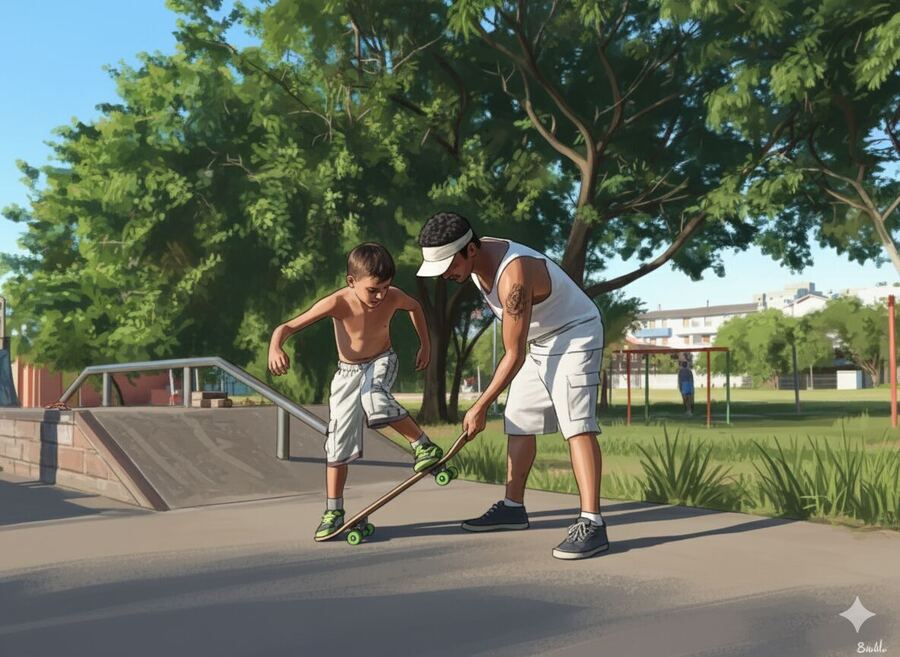 Aula de skate: aluno na pista, instrutor acompanhando