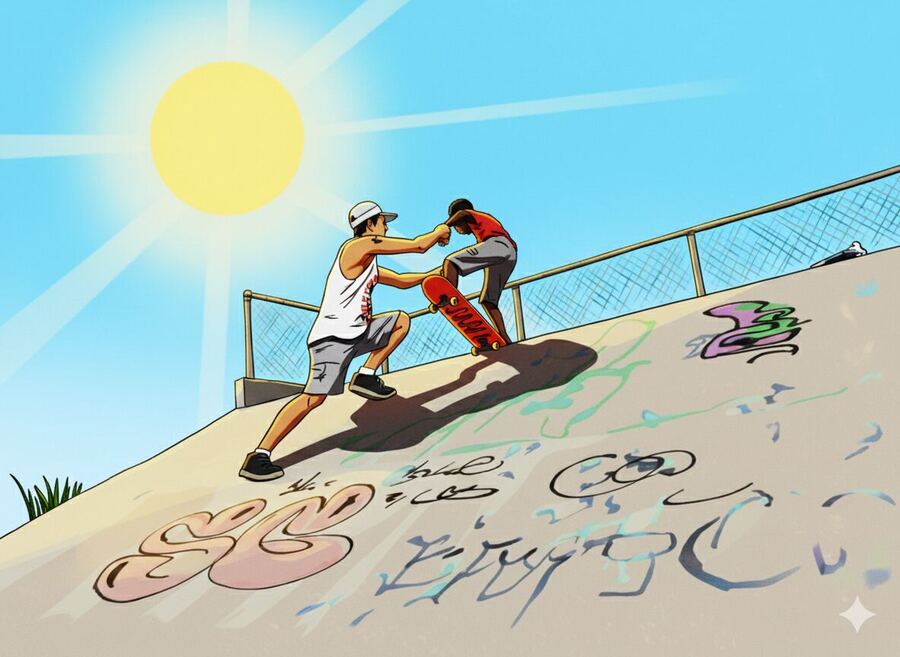 Ilustração: crianças aprendendo skate na rampa