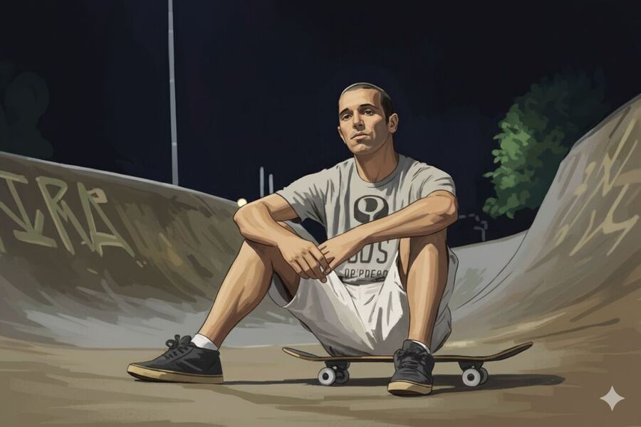 Retrato sentado no bowl, à noite